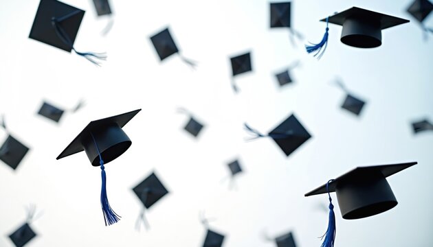 Students throw black graduation caps with blue tassels high in air for celebration. Many celebrate academic success, finish education. College university graduates achieve diploma. Learning, wisdom,