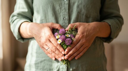 Pregnant Woman's Hands Forming Heart Shape on Belly with Wildflowers. Concept of Mother's Day, pregnancy announcement, fertility, love, and spring nature