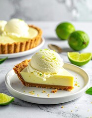 Slice of Key Lime Pie with Vanilla Ice Cream on White Plate with Limes and Spoon