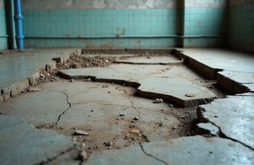 Damaged concrete floor with large cracks and missing sections, revealing dirt and debris underneath. Cracked paving slabs in abandoned building interior. Broken floor surface, structural failure.