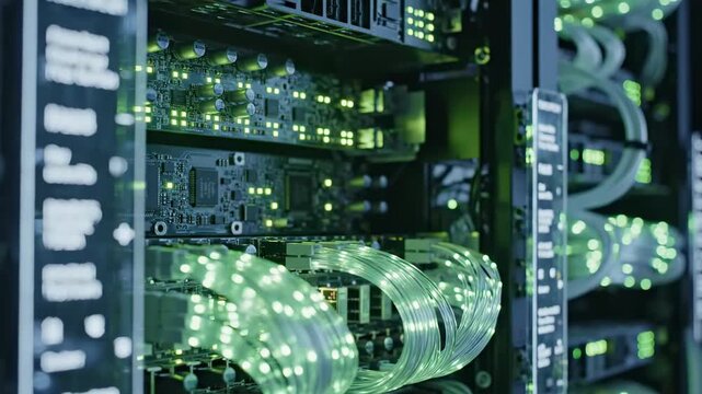 A Close-Up View of High-Tech Data Servers with Illuminated Fiber Optic Cables and Circuit Boards, Showcasing Advanced Networking Technology and Connectivity