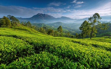 Fototapeta premium Lush tea plantation landscape at sunrise (1)