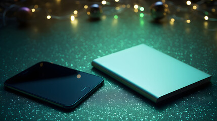 Green Desk Mat with Open Notebook and Tablet in Glitter Light