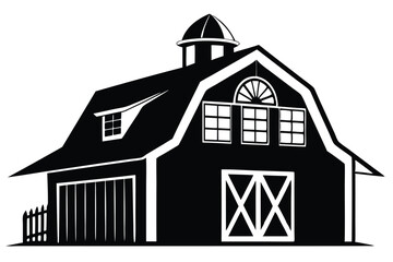 Black barn boasts a white cupola, windows, doors and fence on a white backdrop