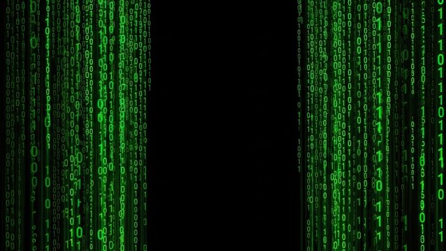 Digital rain effect resembling the iconic code from the Matrix movie cascading down a dark background.