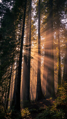 Fototapeta premium Golden sunlight filters through towering trees in a lush forest, creating a serene and magical atmosphere. Ideal for nature, spirituality, or background themes.