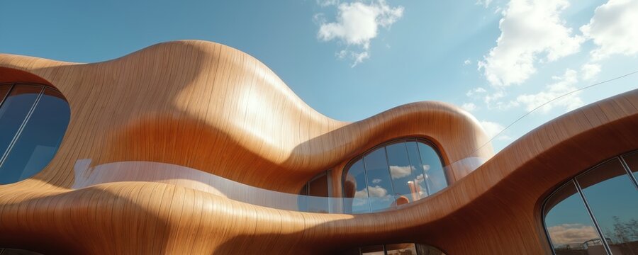 Modern eco building with wooden curved facade, organic flowing shapes. Unique architectural design under clear blue sky with clouds. Parametric exterior walls feature smooth wood patterns. Large