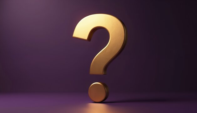 Shiny golden question mark symbol stands on purple surface. 3d icon represents queries, help, doubt. Conveys mystery, decision making, information search for solution. Concept for asking questions, - Powered by Adobe