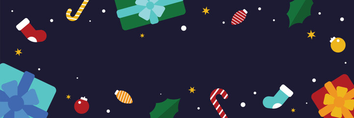 Christmas banner template with border of scattered holiday elements on a dark blue background with copy space for text suitable for promos, digital ads, and greeting cards.
