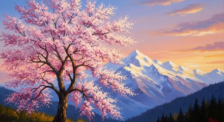 Majestic mountain range at sunset framed by delicate pink blossoms of a springtime tree