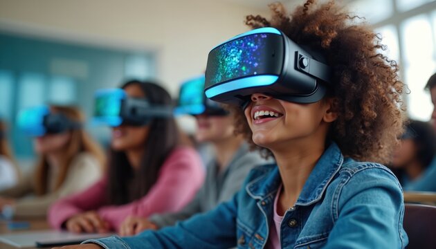 Children laugh, wear VR headsets in classroom lesson. Kids experience virtual reality for interactive school study. Future tech for education and fun. - Powered by Adobe