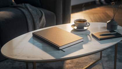 Still life capturing quiet moments. A book, notebook, pen, and tea on a stylish table create a serene, productive atmosphere. Ideal for lifestyle or educational content.