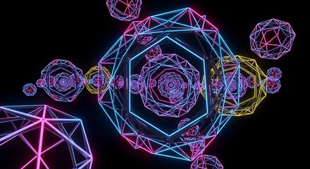 Vibrant neon geometric shapes floating against a dark backdrop, perfect for modern technology and futuristic designs, adding energy to your projects