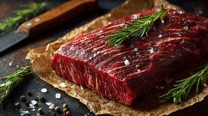 Close up Dry aged fillet beef steak with herbs, raw marble meat. organic meat on butcher paper.