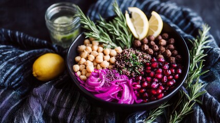 Mediterranean salad bowl with fresh herbs, colorful vegetables, lemon slices