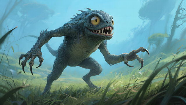 A whimsical illustration of a small, blue-gray lizard-like creature with large eyes and sharp claws, set in a grassy, swampy environment.