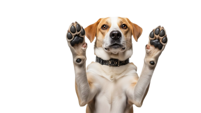 A dog with paws up against a transparent surface looking directly at the viewer with a black background