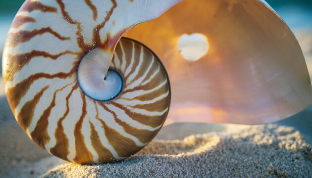Abstract nautilus shell lying on beach sand at sunset. Symbolizes perfection, natures geometry, tropical vacations. Ideal for spa, travel, or mindfulness designs. - Powered by Adobe