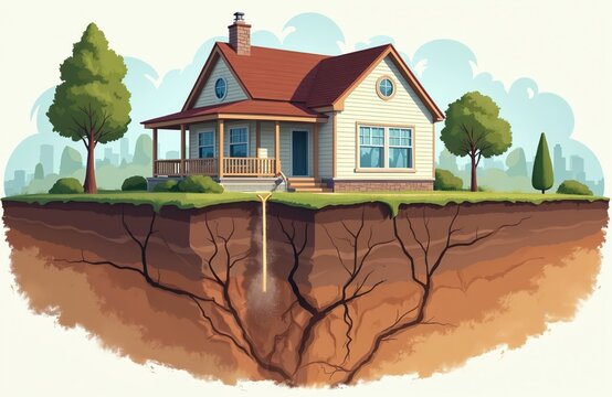 Invisible radon gas seeps from underground into suburban house. Toxic substance creates indoor air health hazard for residents. Homeowners must test for serious eco risk to protect family, property