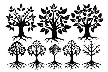 Distinct stylized forest trees with diverse canopies and root systems create a botanical illustration