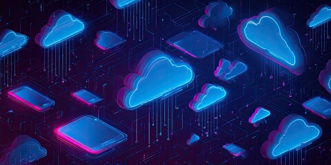 Isometric render featuring glowing clouds and mobile devices with a dark, digital background