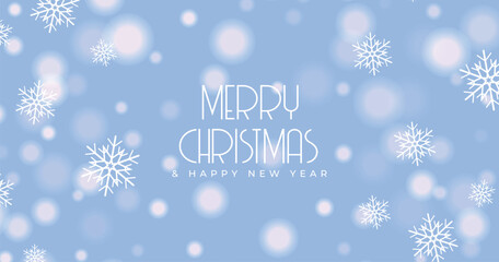 Merry christmas and happy new year card with falling snowflakes on blue sky