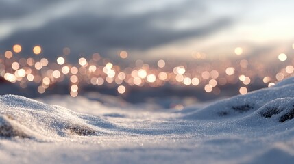 Winter wonderland scene with snow and blurred bokeh lights in the background