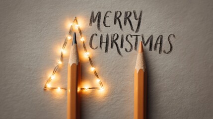 Creative Christmas greeting with pencils, fairy lights, and handwritten message