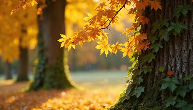 Yellow maple leaves glow in warm sunlight on tree branches. Textured bark green ivy, moss. Ground covered by golden fallen leaves in tranquil autumn park. Beautiful forest scene captures nature