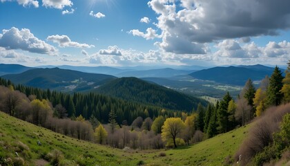 Obraz premium 8K Panoramic View of Carpathian Mountains and Forests in Spring, Poland