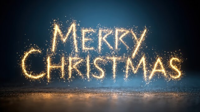 Merry Christmas greeting written with sparkling golden light on a dark background