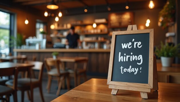 Photo depicts a restaurant hiring sign displayed on a wooden table. The sign says we are hiring today. The background shows blurred interior of eatery. - Powered by Adobe