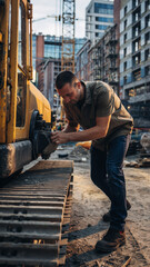 Focused worker inspecting machinery on a construction site. Illustrates craftsmanship, hard work, and diligence. Use for themes of construction and engineering.