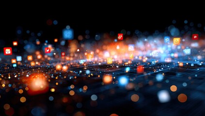 Illuminated social media icons, bokeh effect, depicting network connections against dark backdrop
