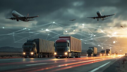 Digitally enhanced image showing cargo trucks and aircraft amidst a network overlay