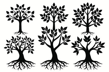 Fototapeta premium Six abstract tree silhouettes are evenly arranged against a bright background, appearing clean and straightforward