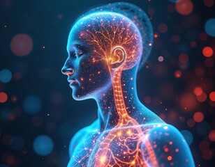 AI concept with digital human anatomy. Person silhouette shows glowing nervous system, neural network. Futuristic tech for medicine, healthcare. Intelligent computer analyzes biological data for