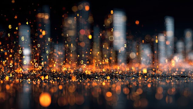 A blurred city skyline glows with golden particles and floating numerical data - Powered by Adobe