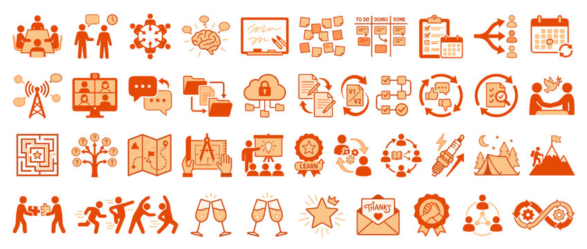 Teamwork and collaboration solid icon set. includes meeting, brainstorming, planning, deadline, communication, target, growth, success. Vector collection