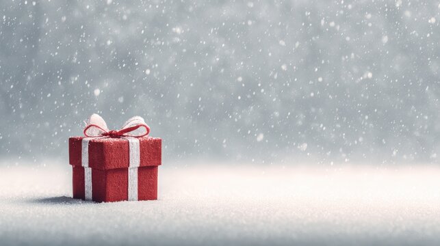 Christmas gift box in a snowy winter scene with falling snowflakes
