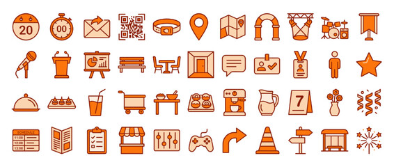 Event planning and management solid icon set. including calendar, clock, qr code, location, entrance, mic, jug, and more. Vector collection