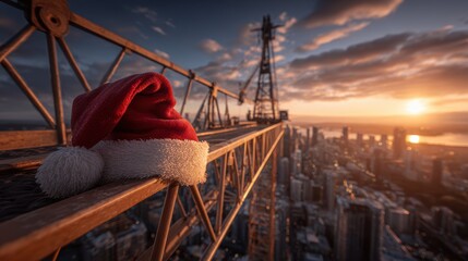 Santa hat on a construction crane overlooking a city at sunset