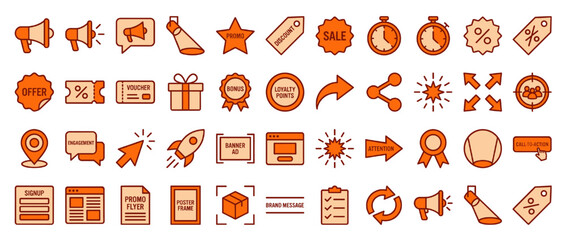 Marketing and promotion solid icon set. containing megaphone, offer, badge, sale, timer, coupon, feedback, gift and more. Vector collection