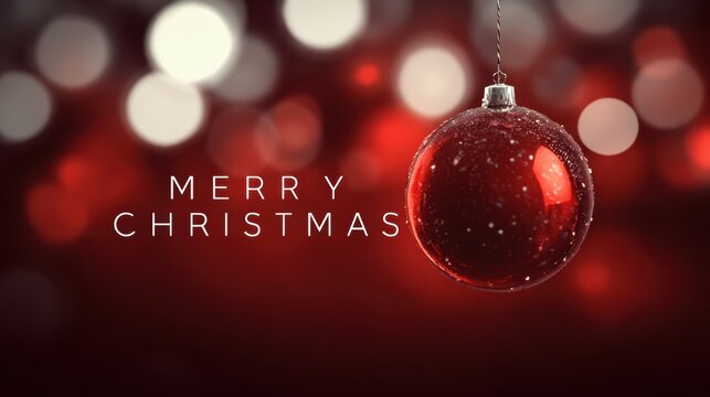 Festive red Christmas ornament with bokeh background and holiday greeting
