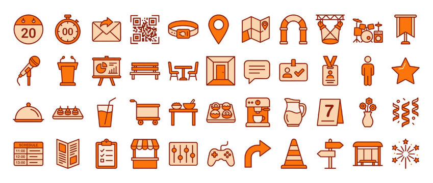 Event planning and management solid icon set. including calendar, clock, qr code, location, entrance, mic, jug, and more. Vector collection