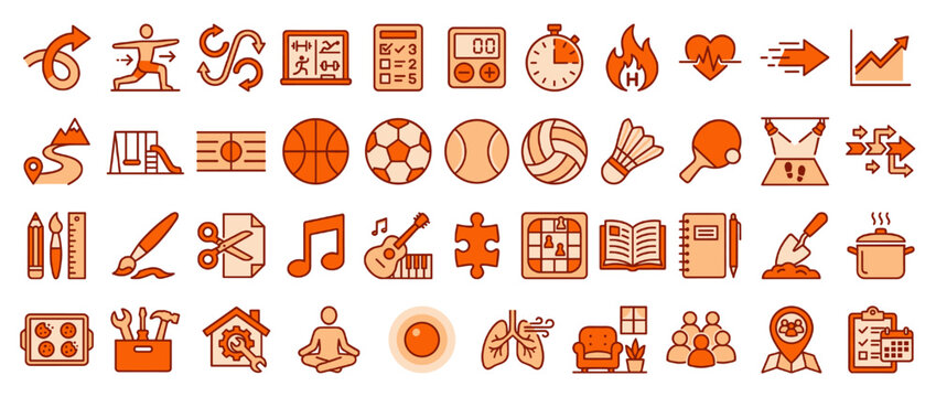 Fitness and activity solid icon set. containing yoga, running, swimming, gym, stopwatch, cycling, and more. Vector collection
