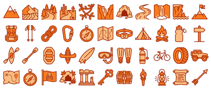 Adventure and camping solid icon set. featuring hiking, map, compass, backpack, tent, fire, mountains, kayak, waterfall Vector collection