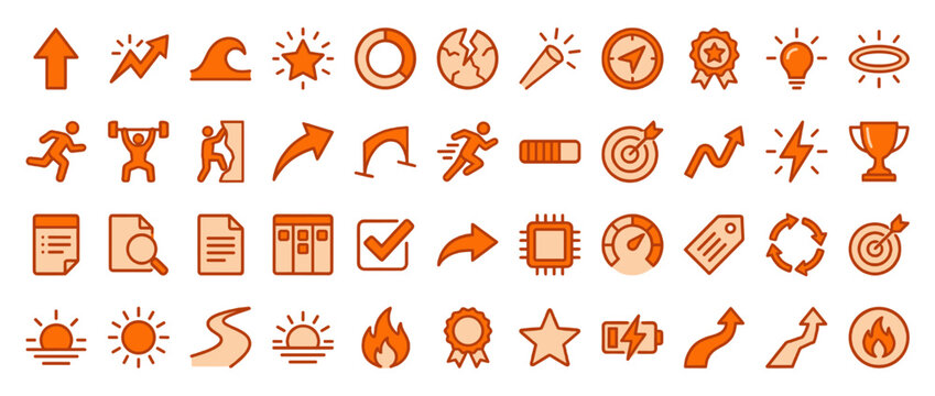 Business and productivity solid icon set. containing growth, fitness, goal, energy, award, document, progress, sync and more. Vector collection