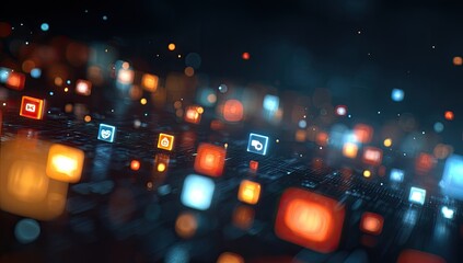 Glowing squares, resembling icons, float over a dark digital surface, creating a futuristic effect