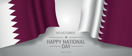 Qatar happy national day greeting card, banner with template text vector illustration. Qatari memorial holiday 18th of December design element with 3D flag with stripes